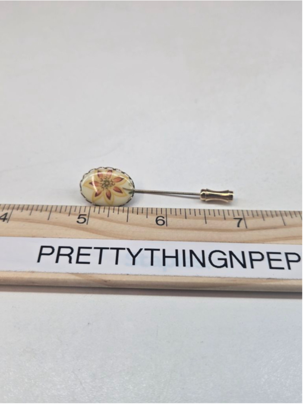 Lenox Stick Pin Cream & Orange Floral Women's Brooch 14k Gold Plated Vintage - Picture 6 of 9